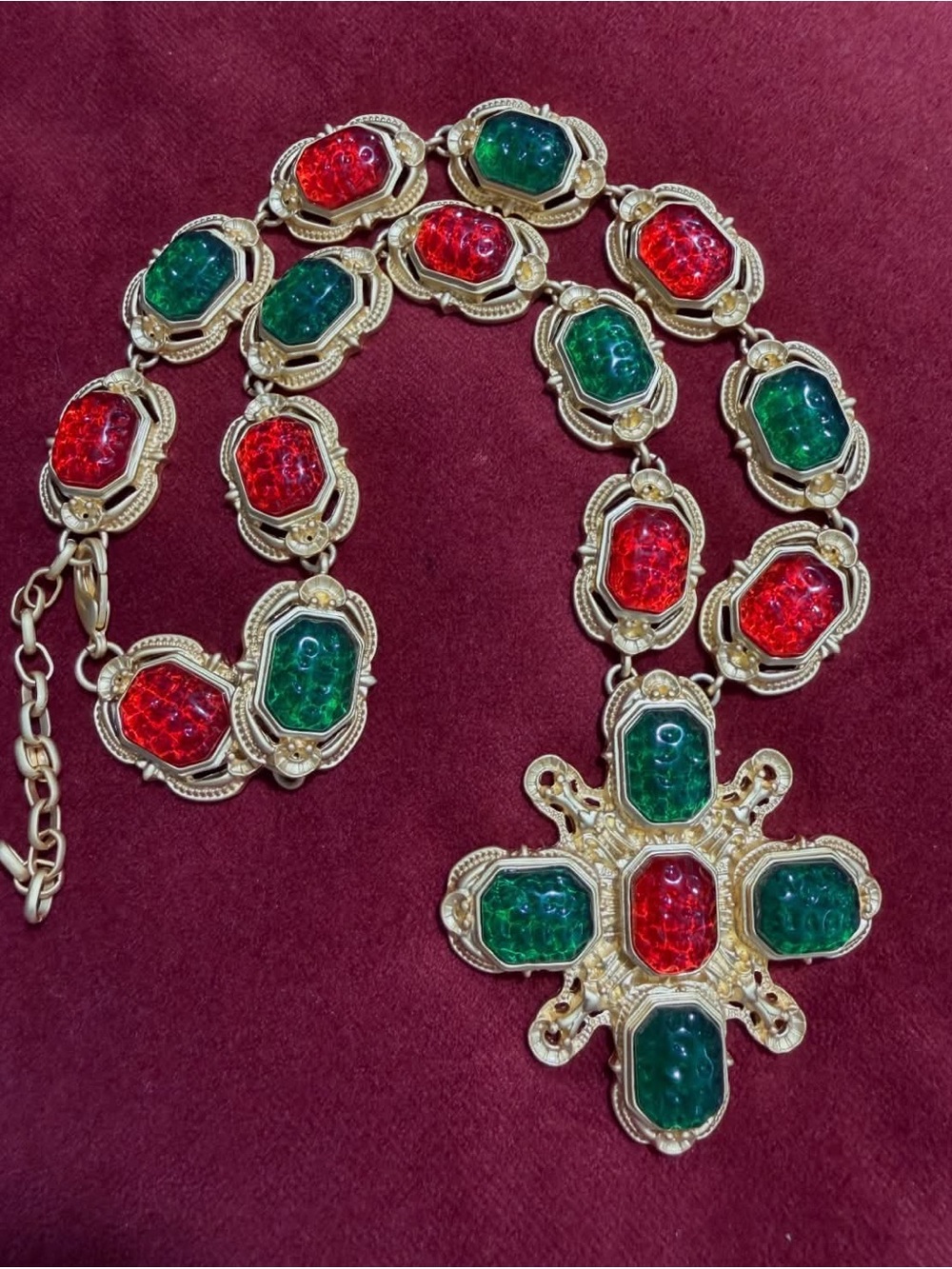 Gold-Tone Red & Green Gemstone Cross Necklace - Women Jewelry